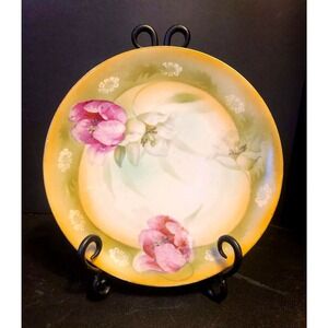Vintage Decorative Hand Painted Thuringia Yellow Plate Pink‎ Roses 8.5"
